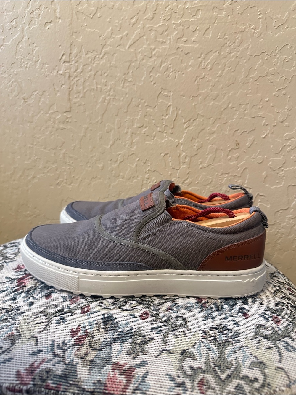 Merrell Gray Canvas Slip-On Loafers with Brown Heel Accent
